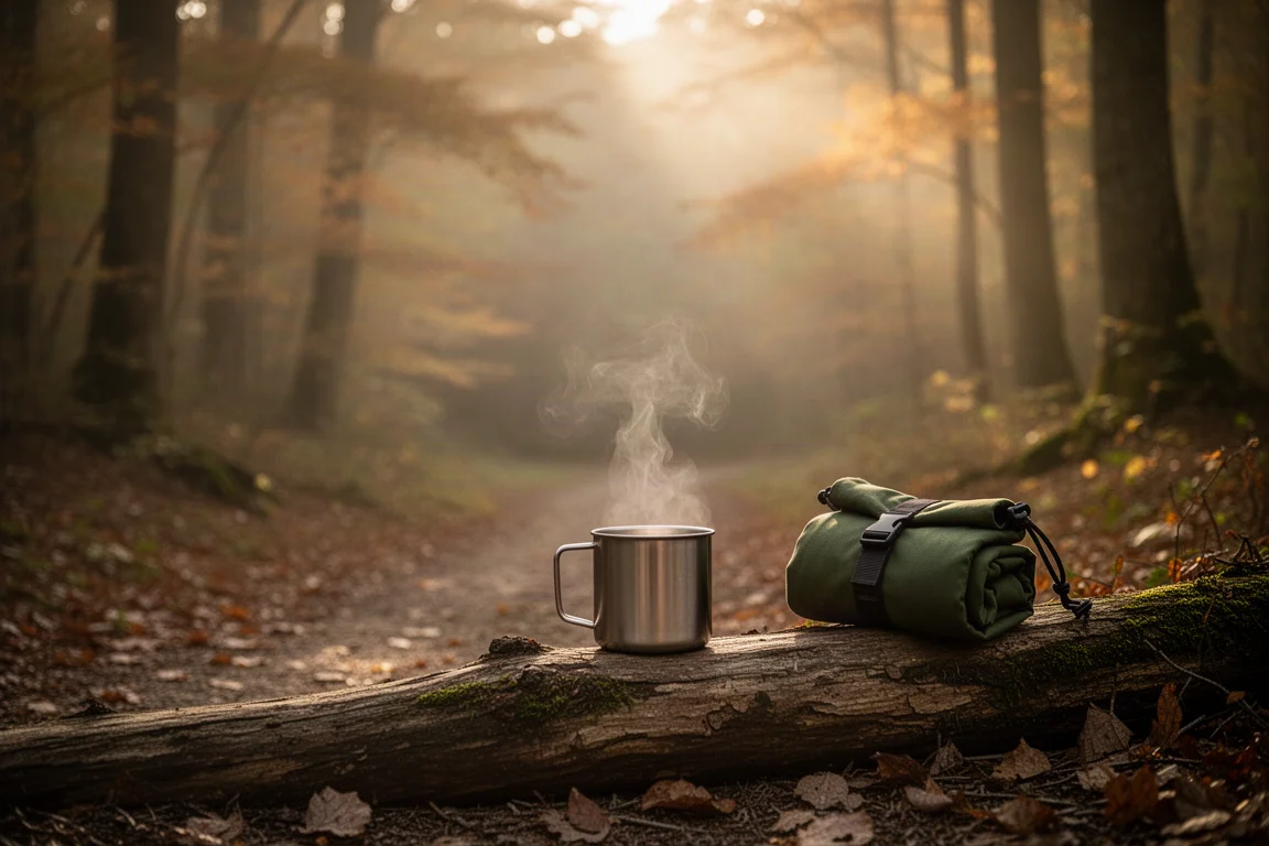 Woodland brew stop scene with a steaming mug on a log at golden hour