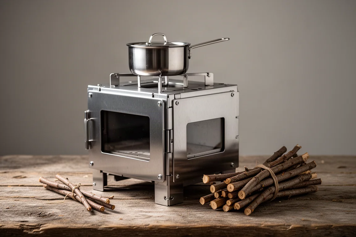 Folding flat-pack wood stove assembled with a small pot on top beside dry twigs
