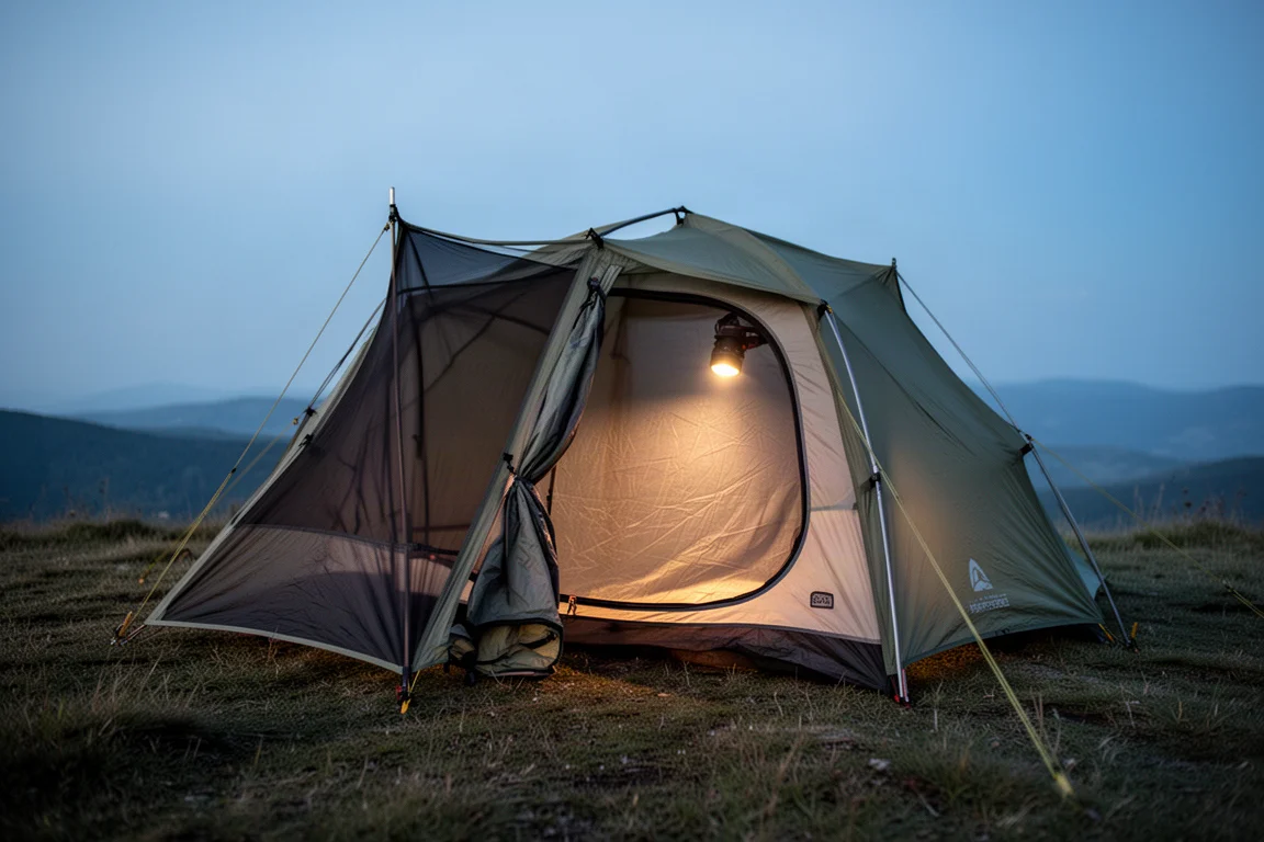 Tenda biposto montata al crepuscolo con una parete in mesh aperta e il bagliore di una lampada frontale all'interno