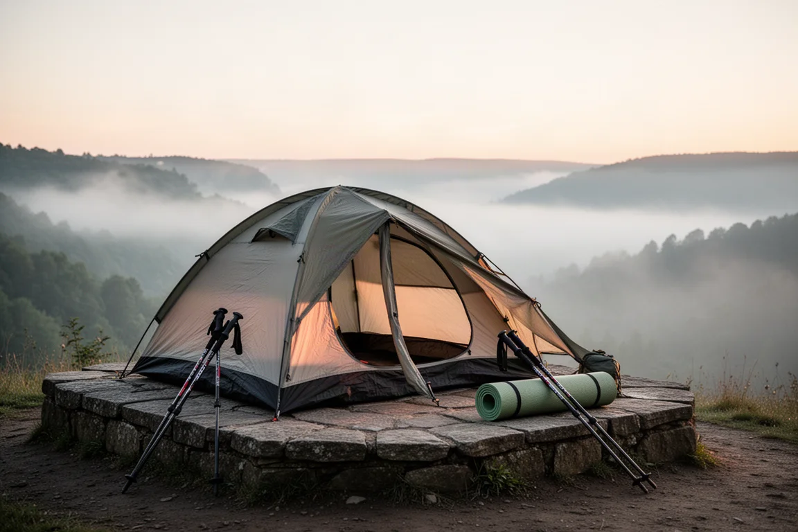 Tenda da backpacking su una piattaforma in pietra all'alba con bastoncini da trekking e nebbia sotto