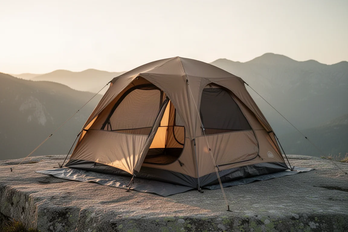 Two-person coyote brown backpacking tent pitched on a rocky ledge at golden hour