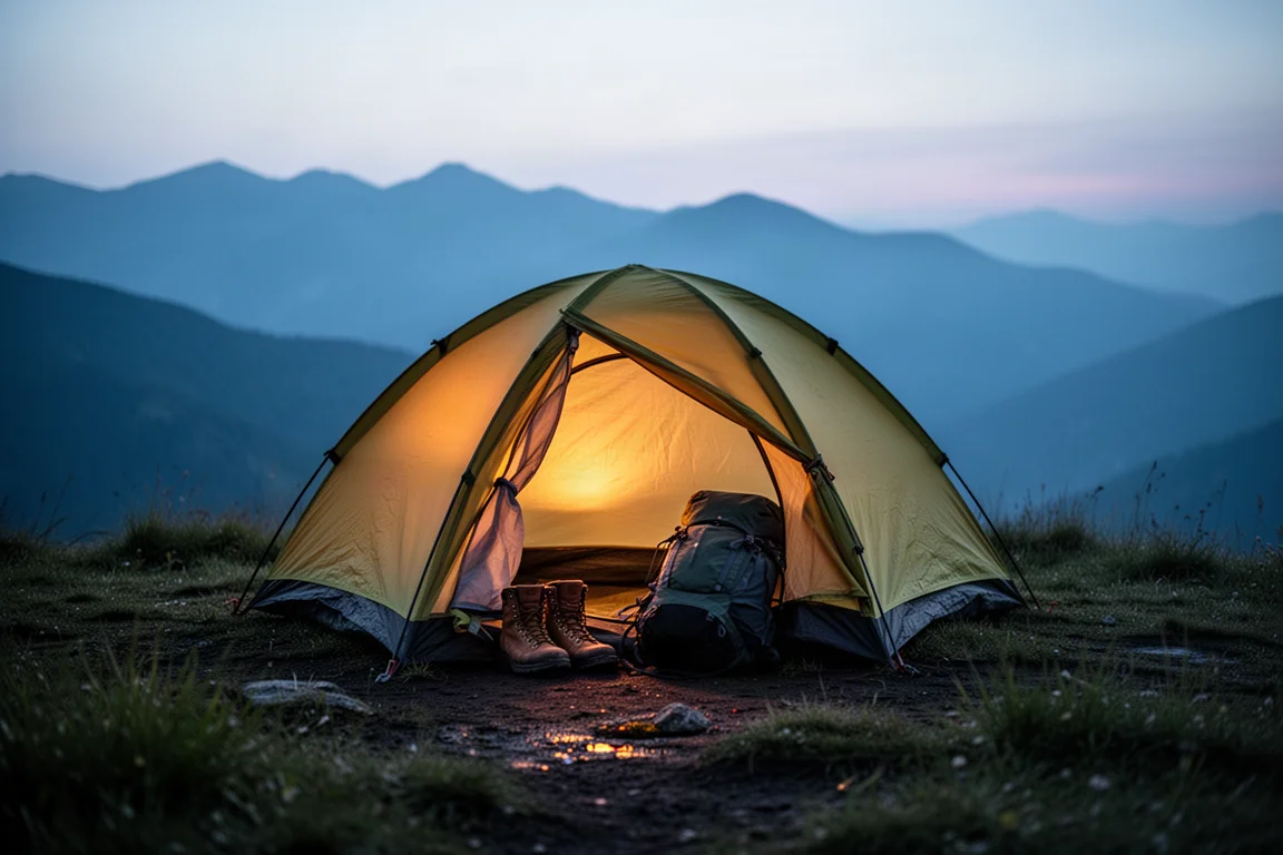 Campingtält som lyser varmt inifrån i skymningen på en sval bergscampingplats