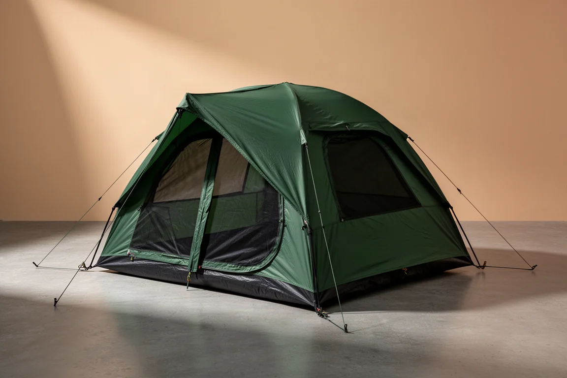 Green one-person backpacking tent pitched on matte concrete in soft studio light