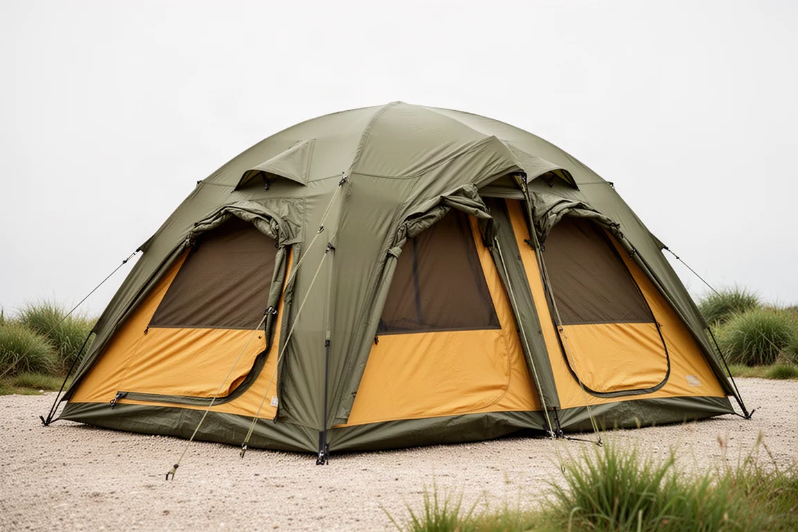 Green and yellow two-person camping tent pitched on gravel with door panels rolled back