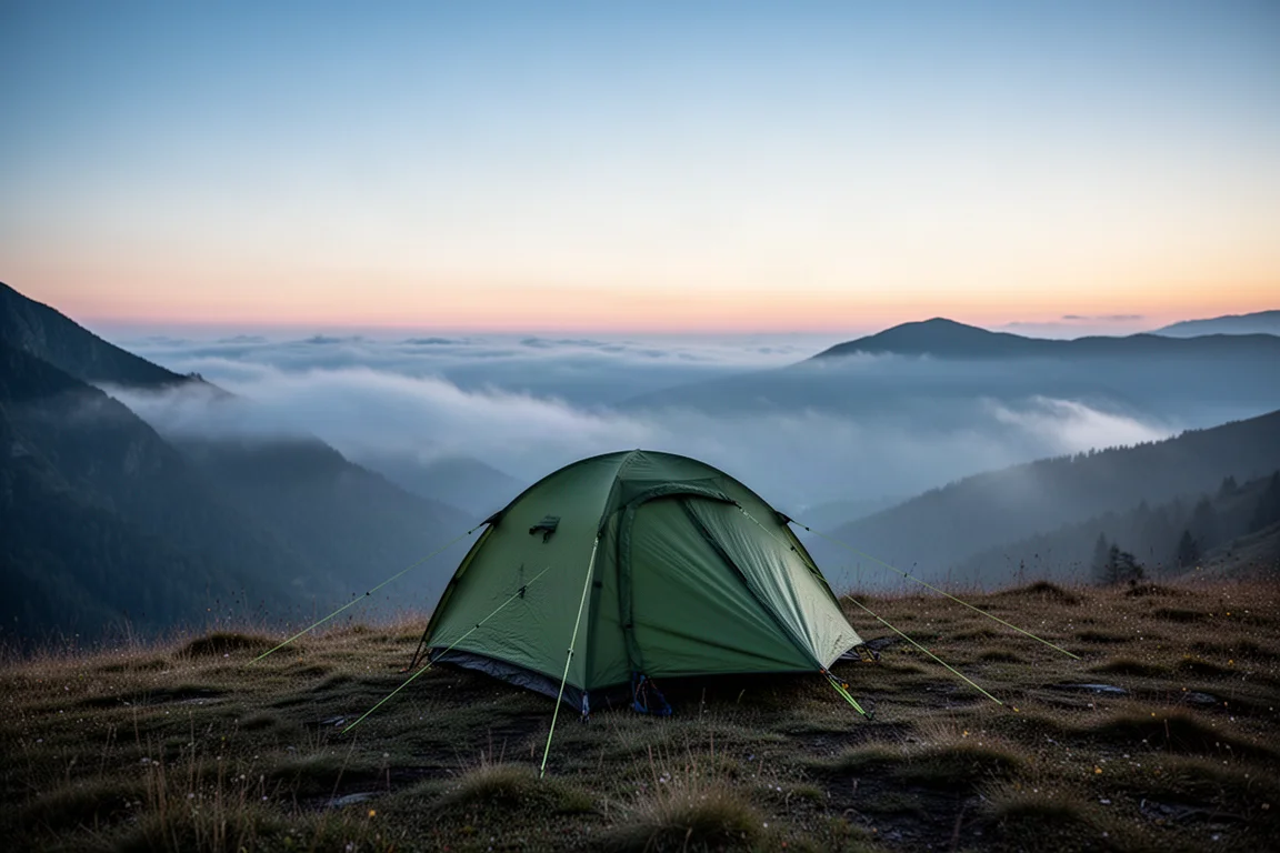 Backpacking-Zelt auf einem grasbewachsenen Bergrücken in der Dämmerung mit Nebel im Tal