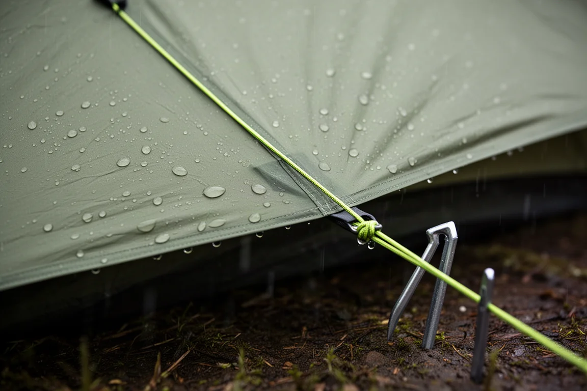 Regen perlt auf einem straffen grünen Überzelt mit einer zu einem Hering gespannten Abspannleine