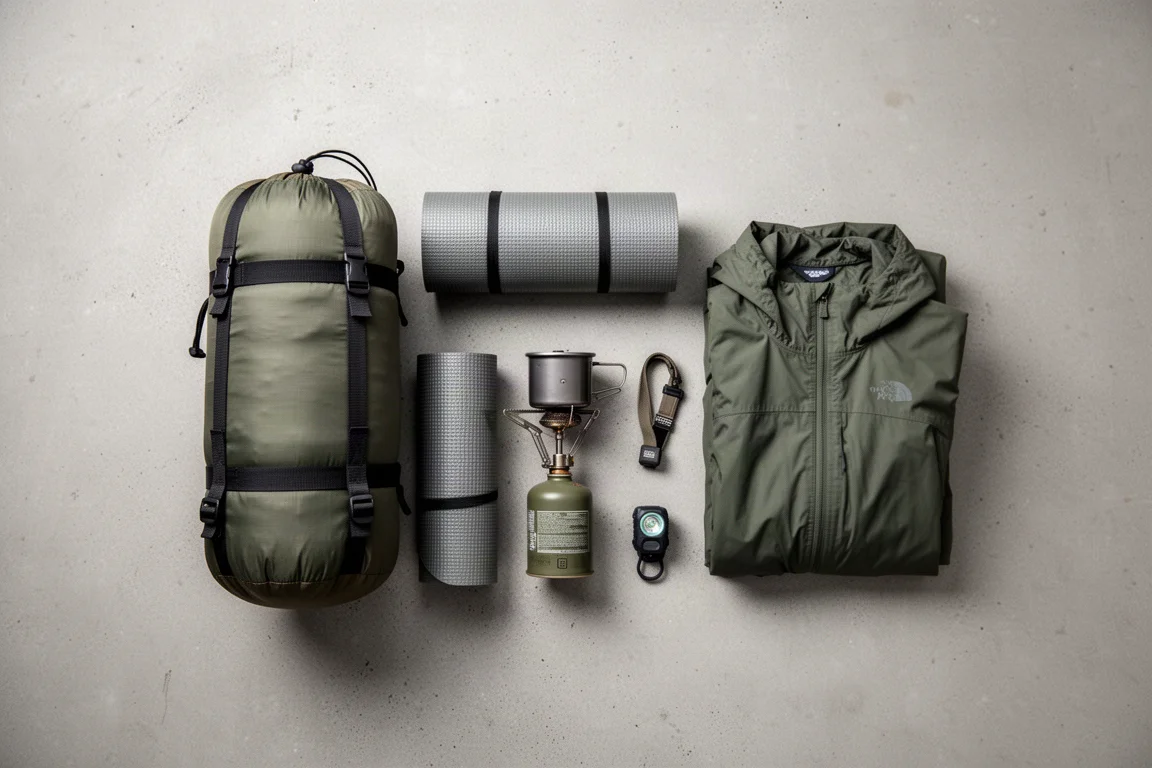 Backpacking-Ausrüstung neben einem gepackten Zelt-Packsack auf einer Betonfläche