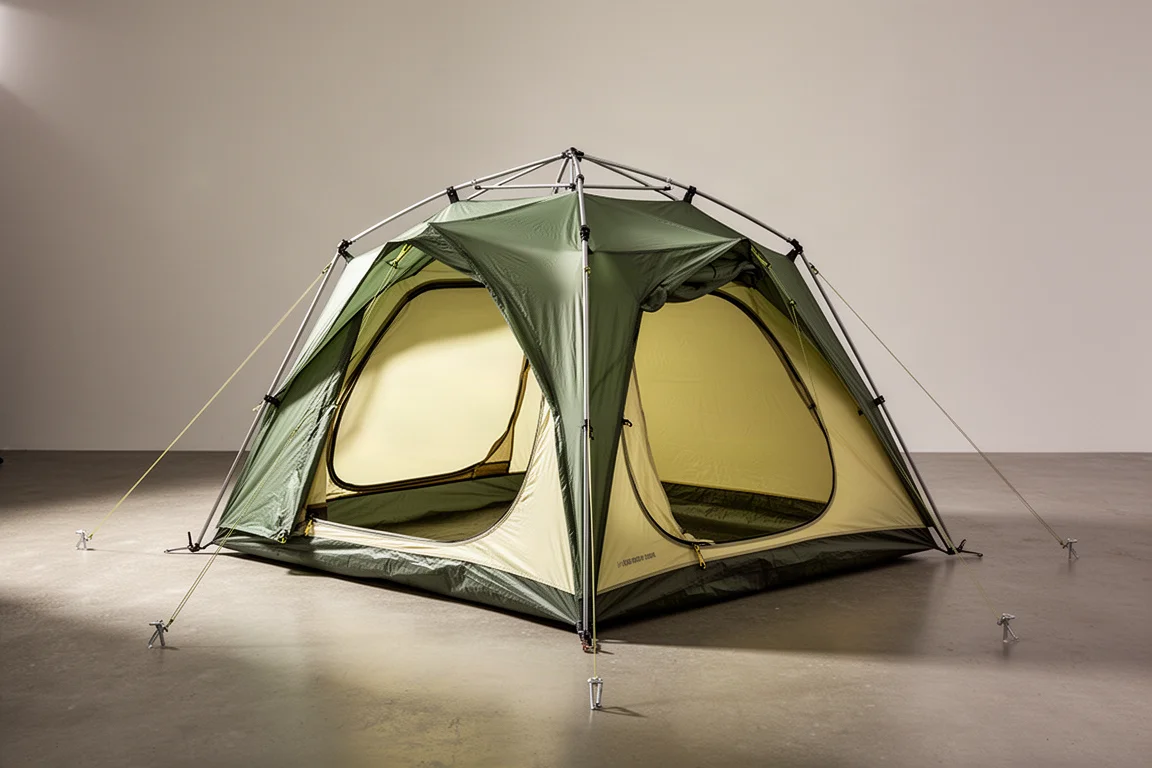 Green and pale yellow four-season backpacking tent pitched on a neutral concrete surface
