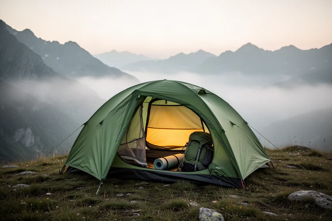 Grünes Trekkingzelt auf einem alpinen Grat im Morgengrauen mit Nebel im Tal