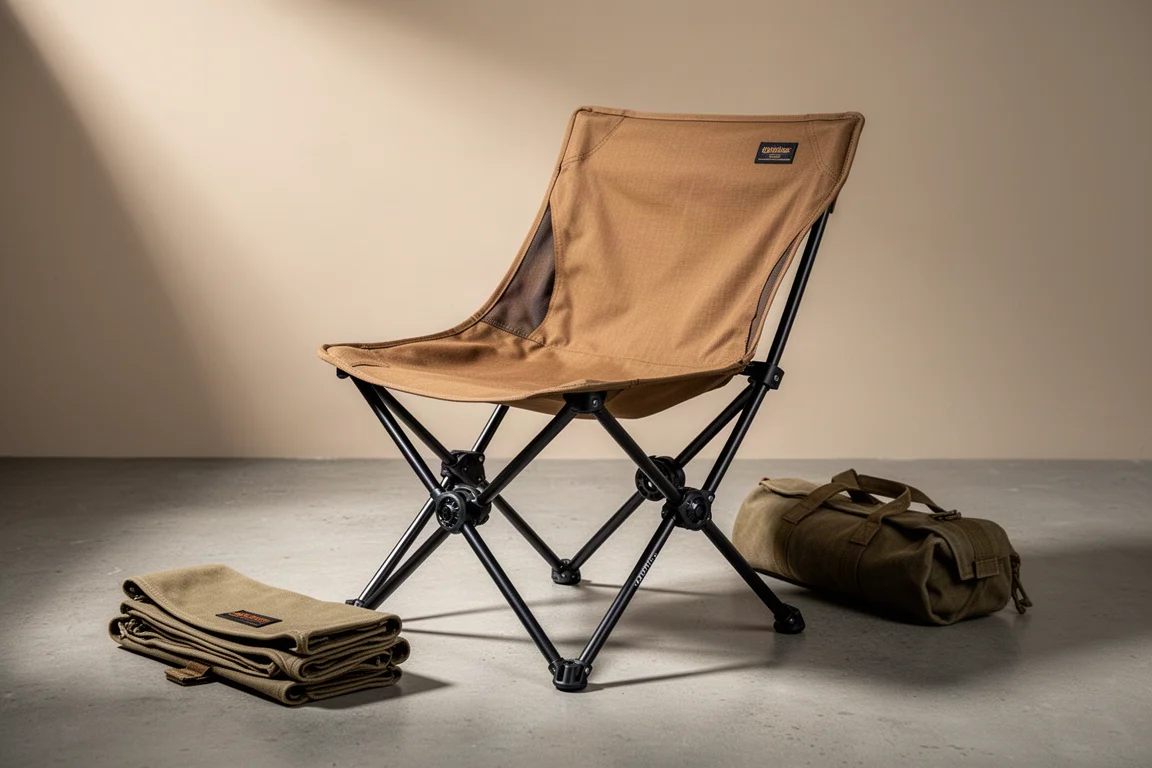 Coyote brown folding camping chair with black aluminium frame on a concrete surface