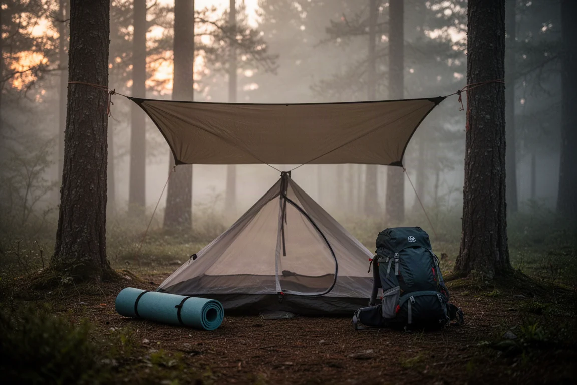 Mesh-Campingzelt unter einer Plane zwischen Kiefern im goldenen Licht aufgebaut