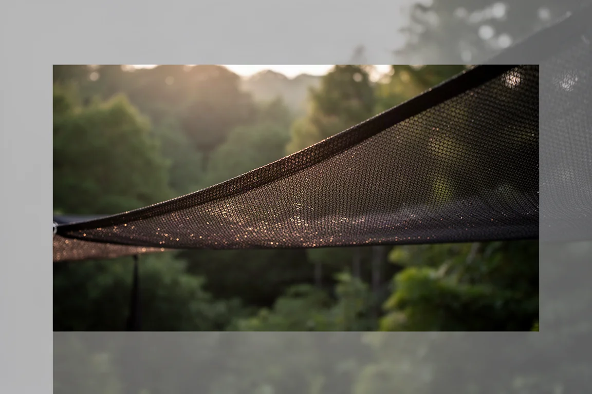Nahaufnahme einer feinen Mesh-Zeltwand im warmen Gegenlicht mit unscharfem Wald im Hintergrund