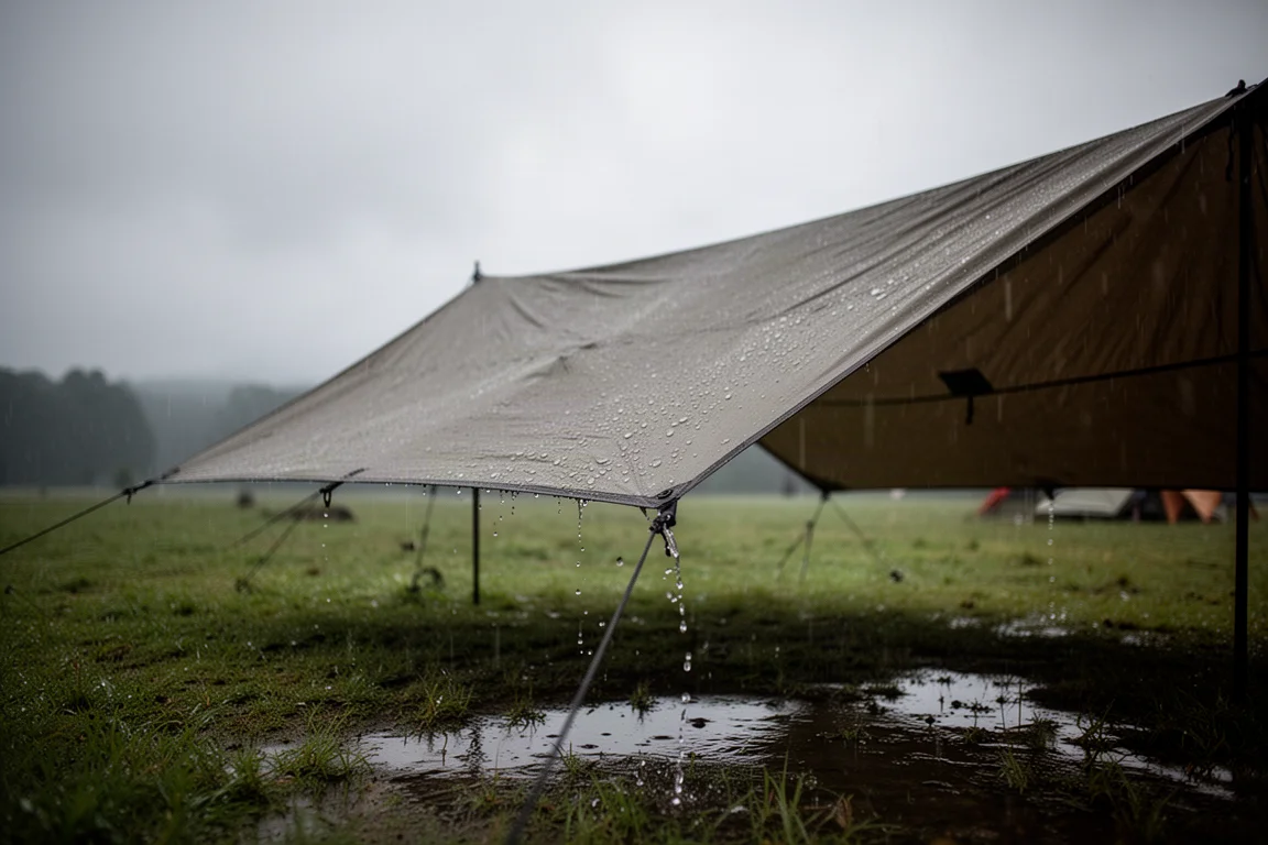 Große Plane über einem Mesh-Zelt in der Dämmerung mit Regen an der Planenkante