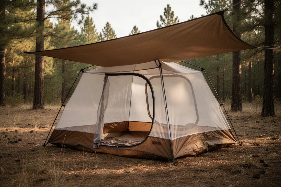 Two-person mesh bug tent with brown floor pitched under a tarp in a forest clearing
