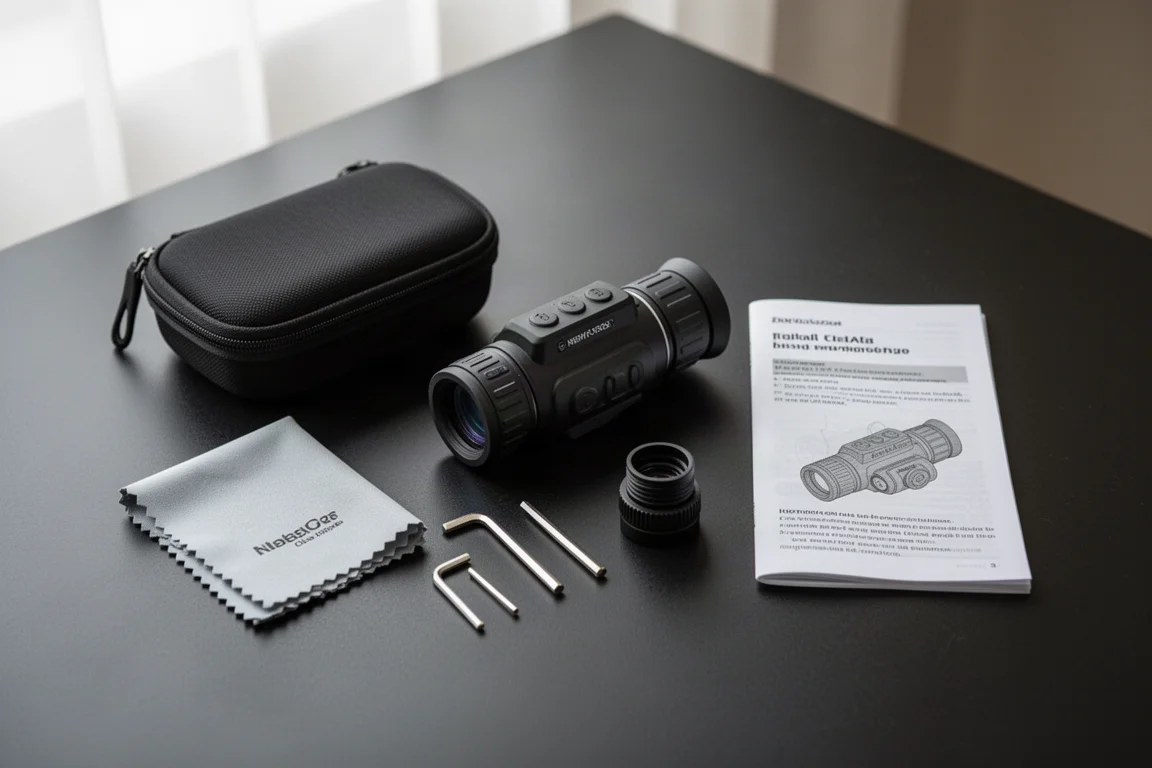 Monocular de visión nocturna desempaquetado con su estuche, paño y accesorios sobre una mesa