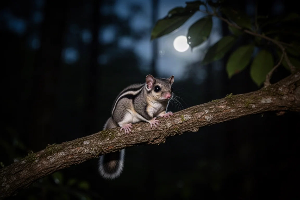 Ardilla voladora posada en una rama de noche, débilmente iluminada