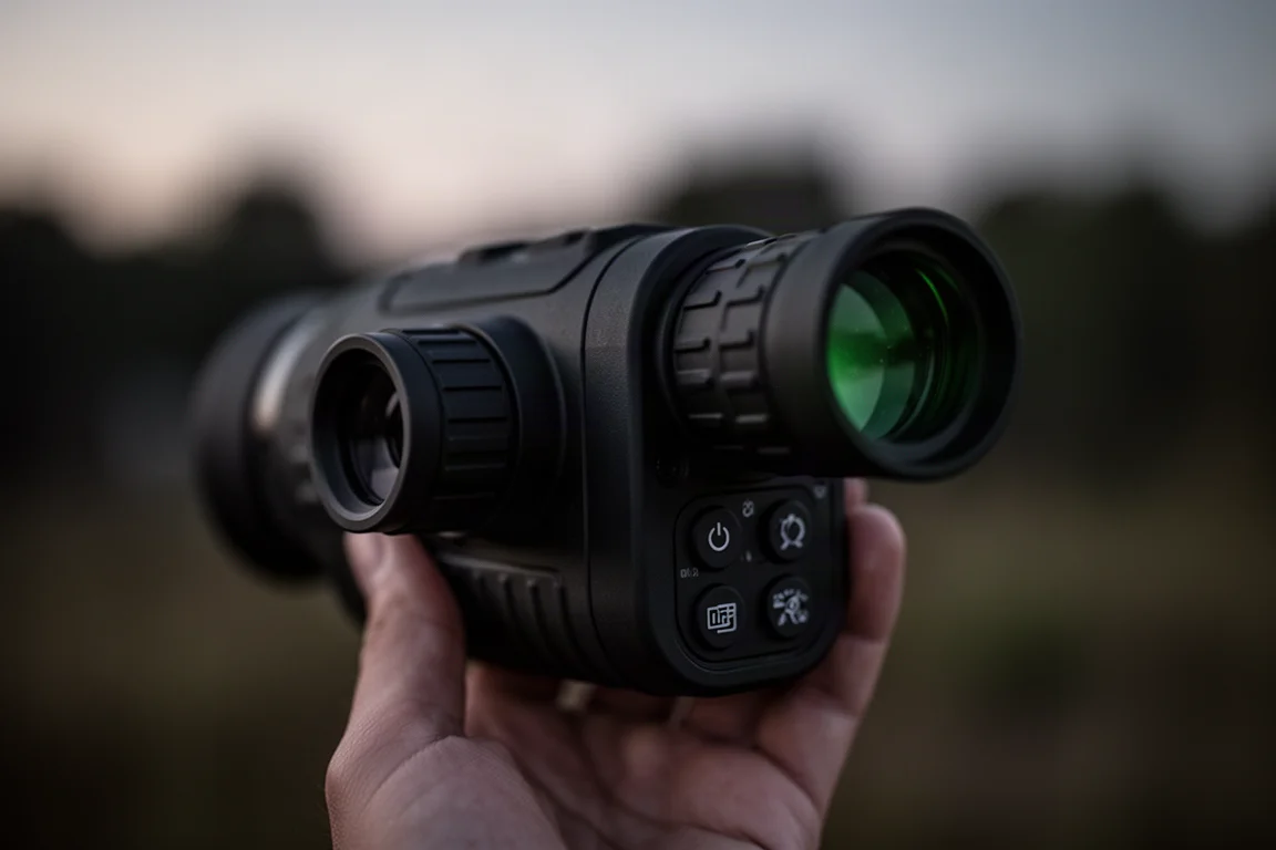 Ocular del monocular de visión nocturna sostenido a la altura del ojo con poca luz