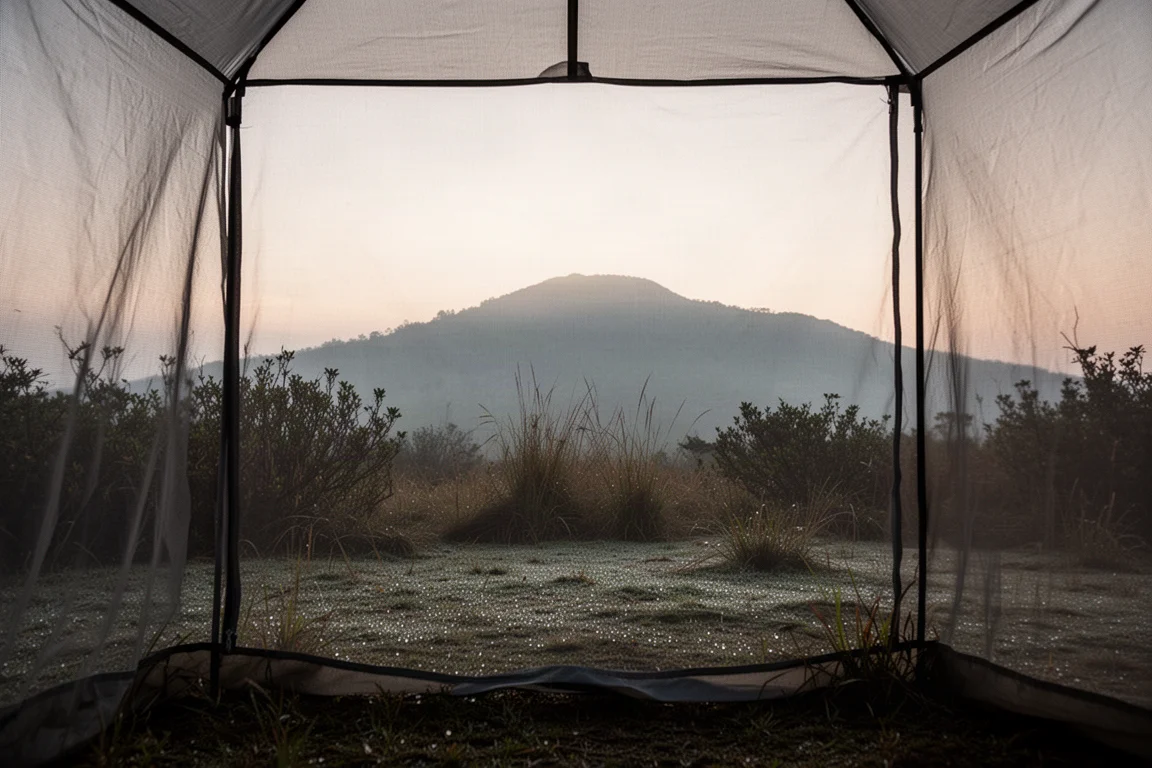 Campeggio boschivo in montagna all'alba con un rifugio a tarp basso tra alberi nella nebbia