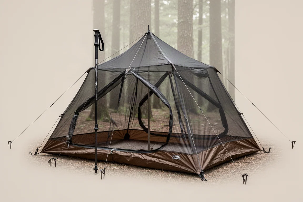 Bug inner in mesh a due posti montato sotto gli alberi con tiranti ben tesi e supporto in trekking pole