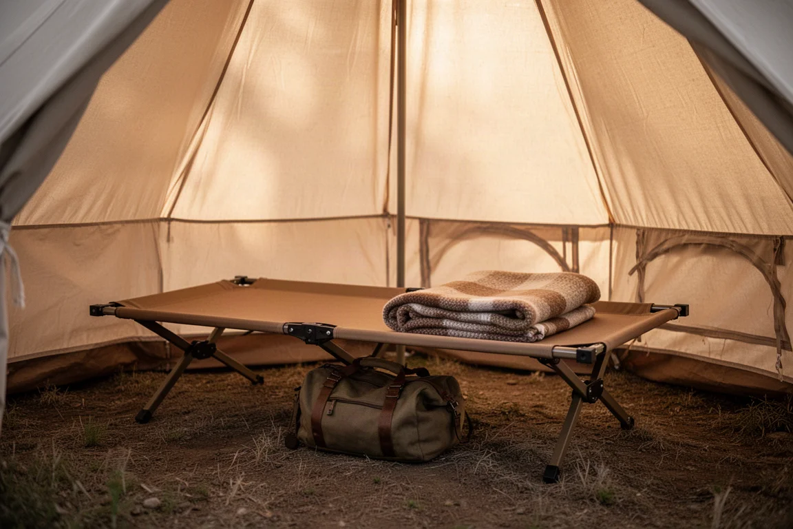 Monterad campingfältman i coyote brown uppställd i ett rymligt campingtält