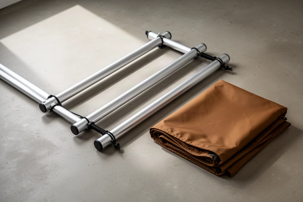 Närbild på aluminiumramsegment sammanfogade med shockcord på ett betonggolv