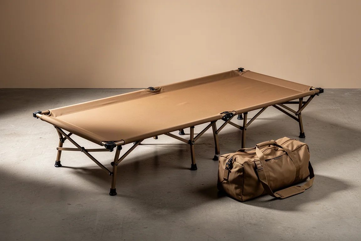 Assembled coyote brown camp cot with duffel-style carry bag on a concrete floor