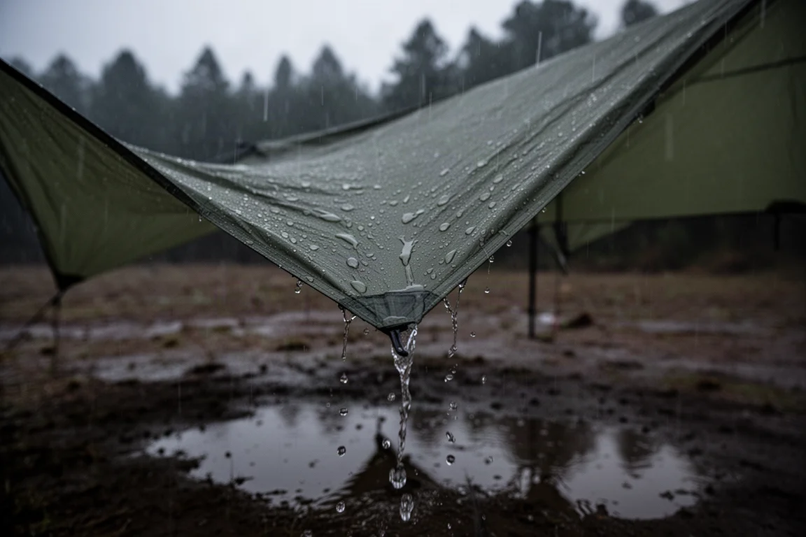 Tarp verde in silnylon montato sotto pioggia costante con gocce d'acqua sul tessuto