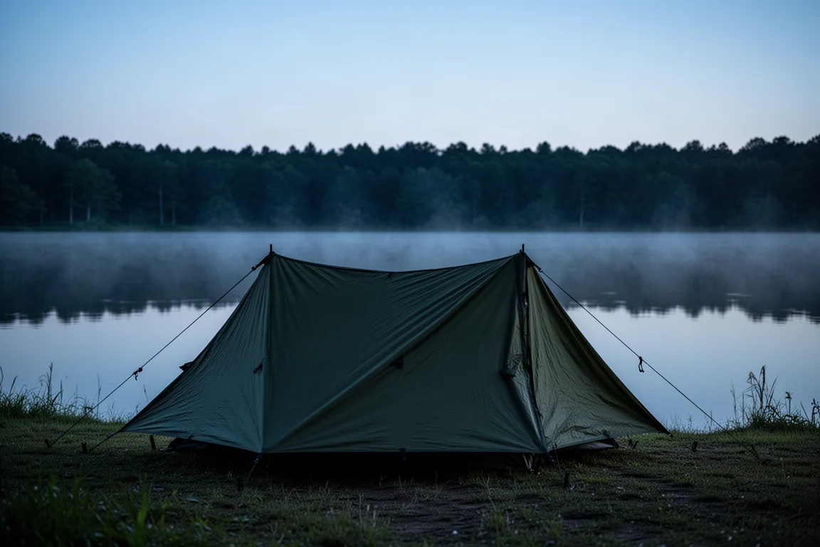 Riparo a tarp quadrato basso montato in un campeggio sul lago durante l'ora blu