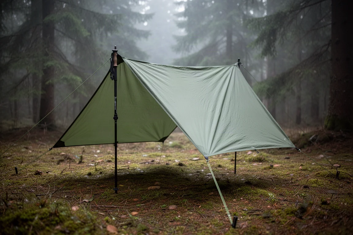 Green silnylon square camping tarp pitched as a low A-frame shelter in a forest clearing