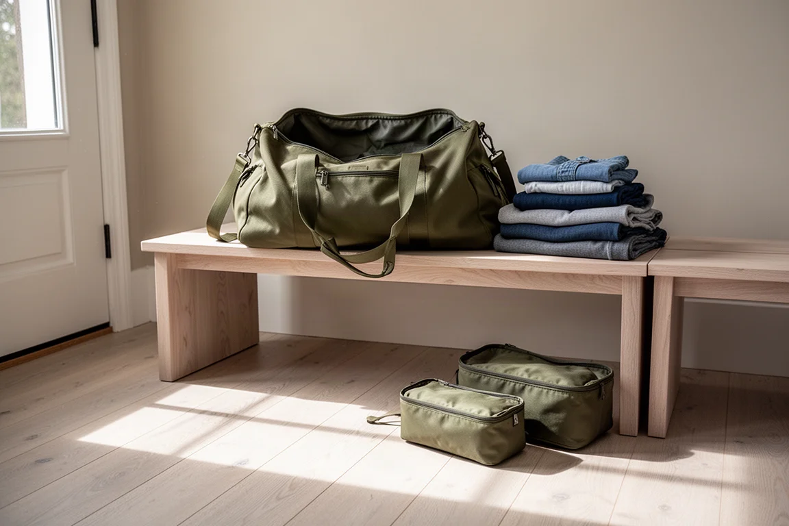 Gran bolsa petate verde oliva abierta sobre un banco de madera con ropa doblada al lado