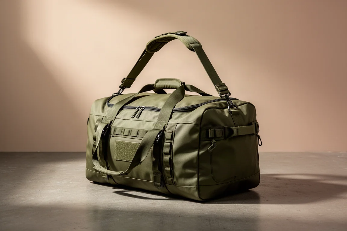 Olive green duffel-style travel bag with shoulder harness on a concrete floor