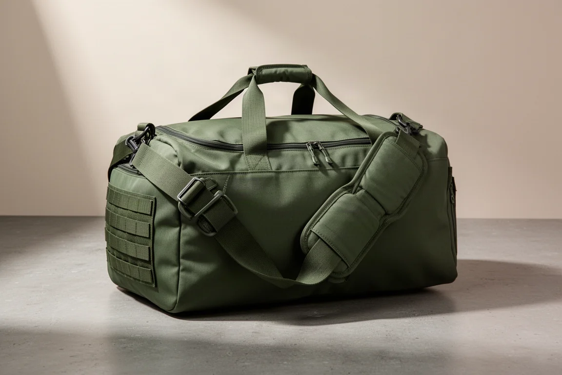 Ranger green duffel bag with shoulder straps and side handles on a concrete surface