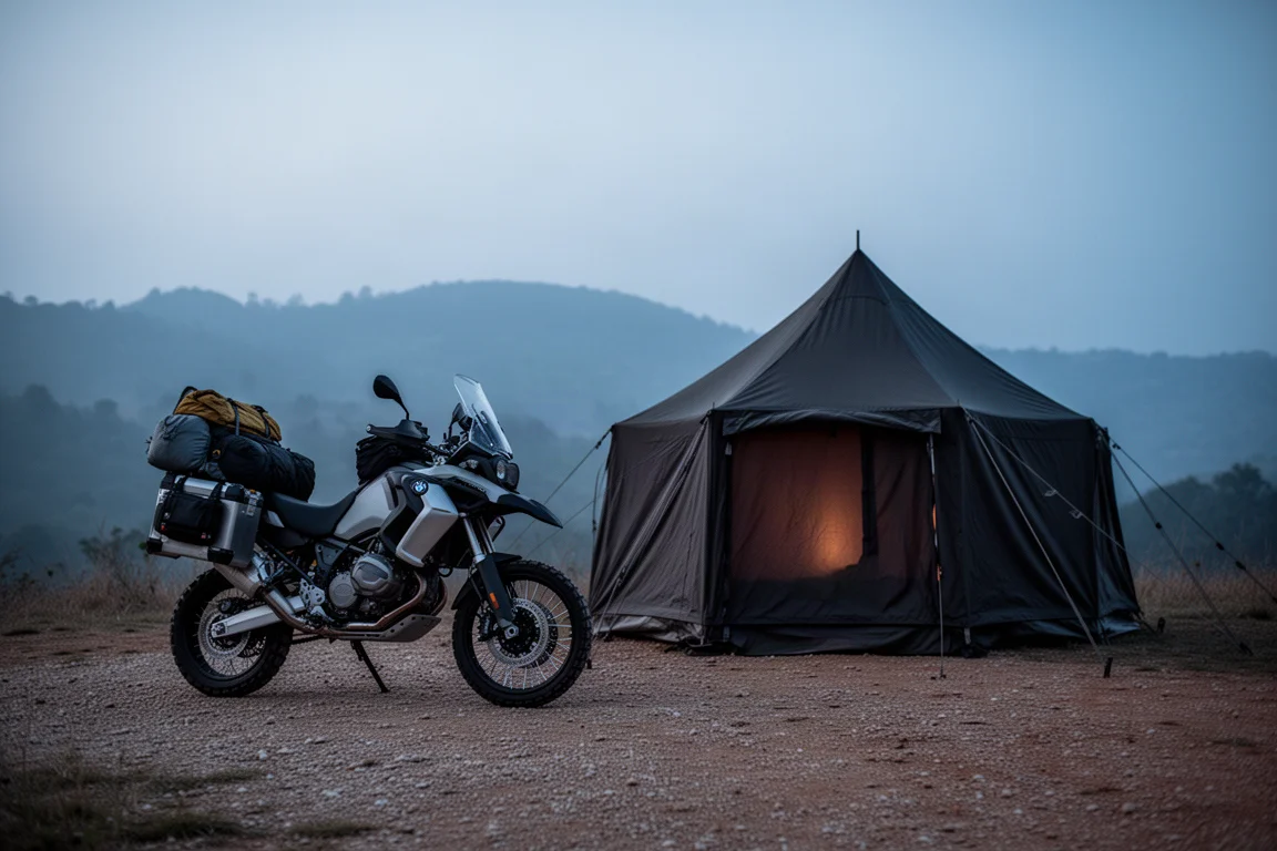 Loaded adventure motorcycle parked beside a large dark tent at a remote camp at dusk