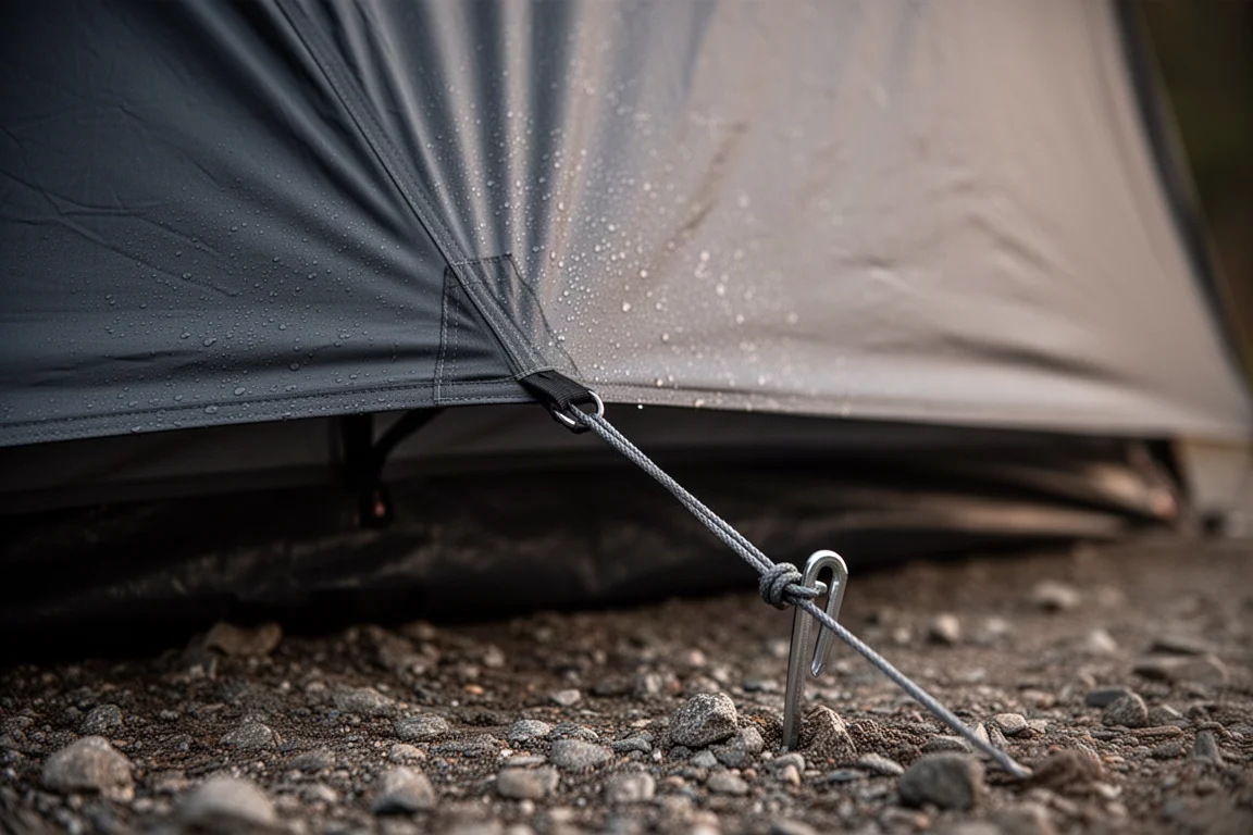Close-up of a taut guy line and metal stake holding dark tent fabric