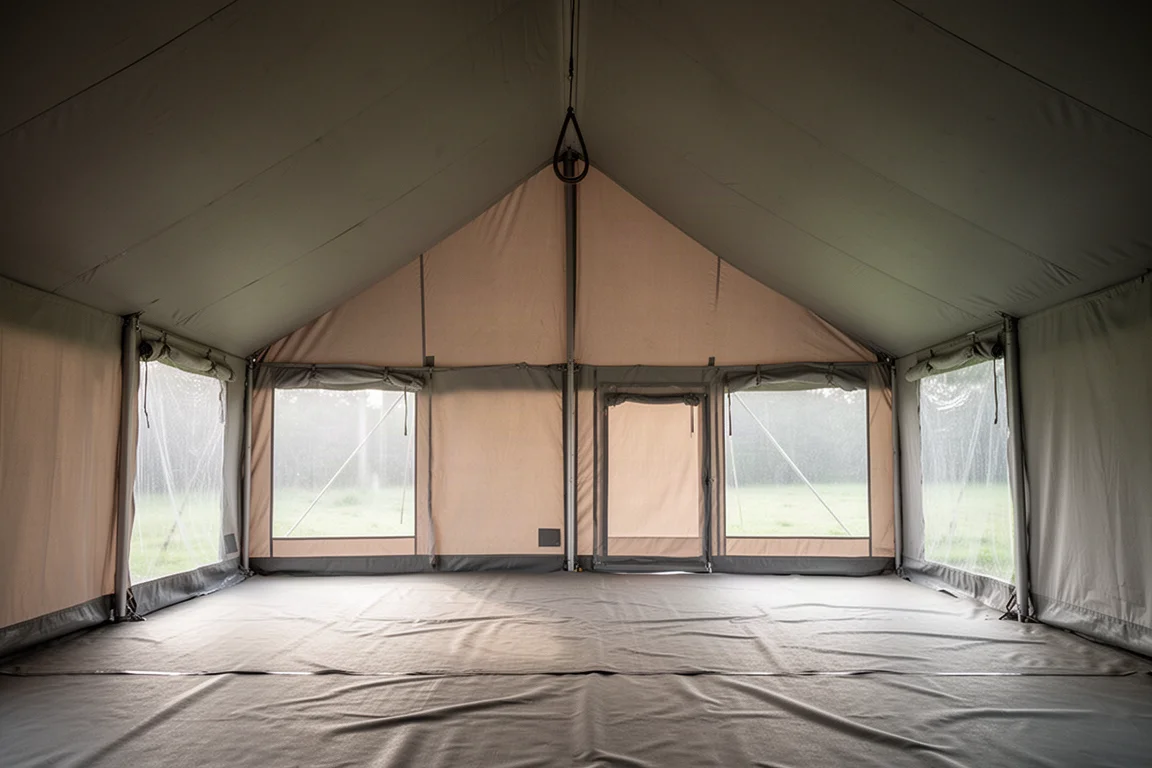 Wide empty interior of a large dark tent with morning light through a mesh door