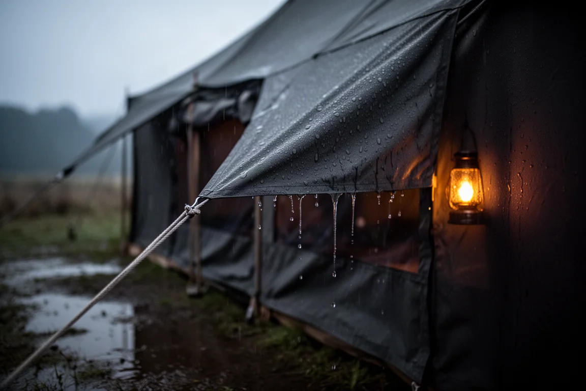 Rain beading on dark tent fabric at dusk with warm light glowing inside