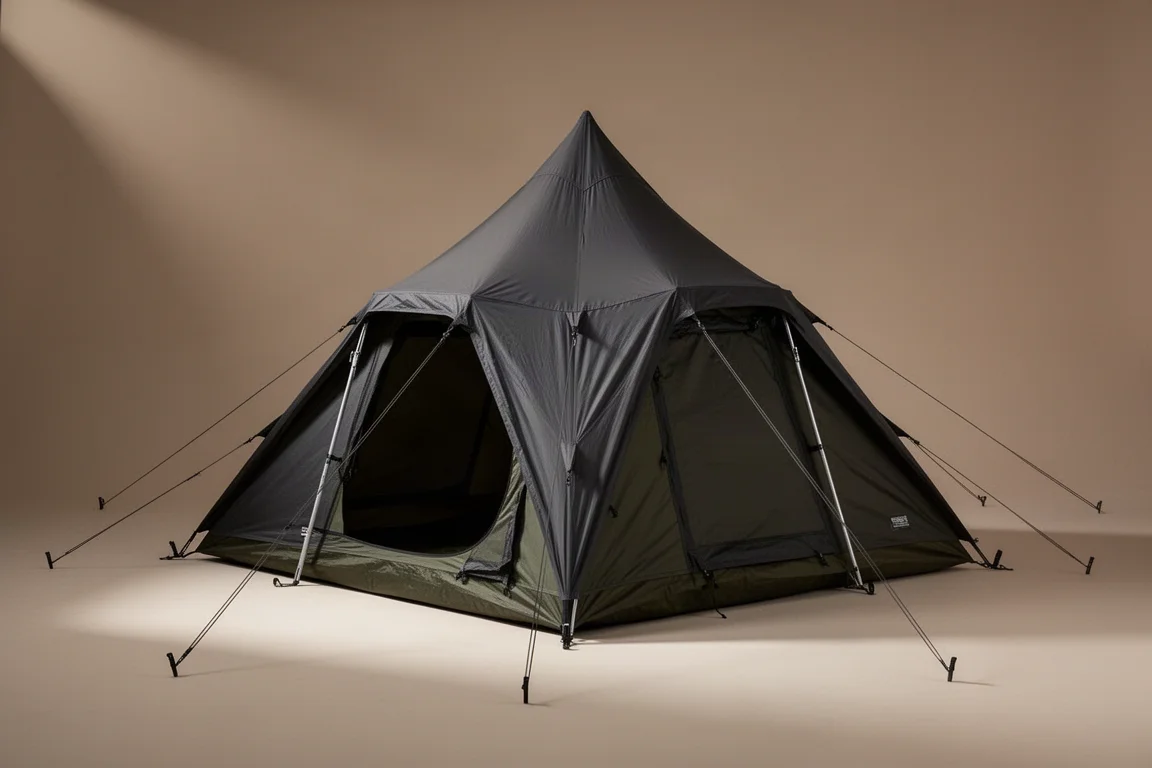 Large dark shell camping tent with two vestibules pitched on a neutral studio backdrop