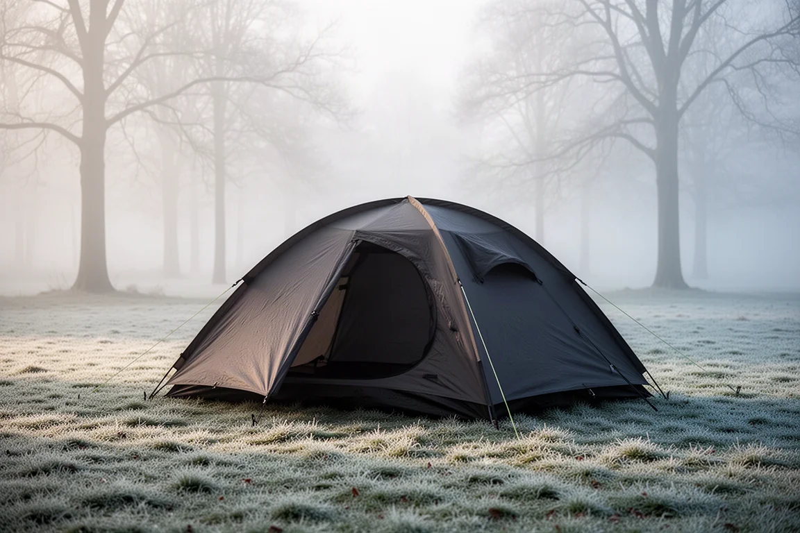 Dark four-season tent pitched on frost-covered ground at a cold campsite in early morning