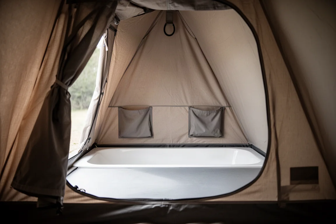 Interior of a tent showing a solid fabric wall, bathtub floor, and gear pockets
