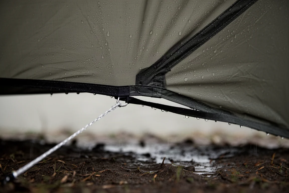 Tent fly edge lifted above the ground with condensation droplets along the hem