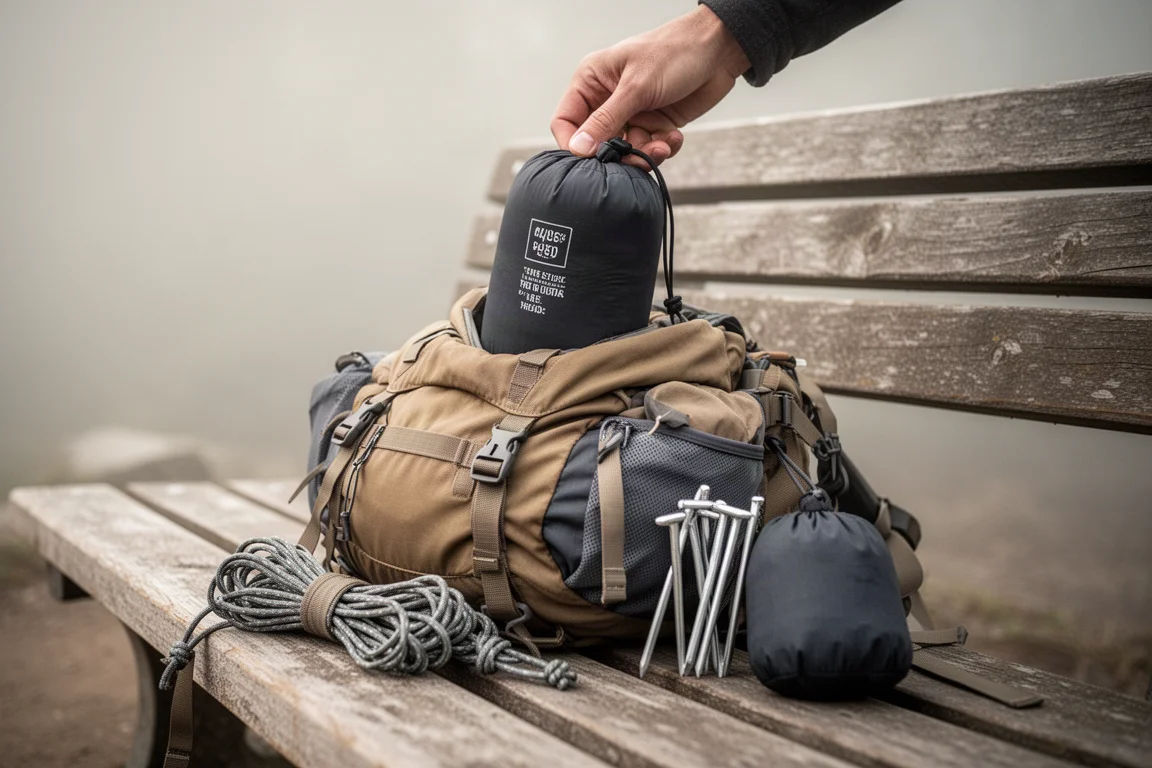 Hiker sliding a compact tent stuff sack into a loaded backpack at a trailhead