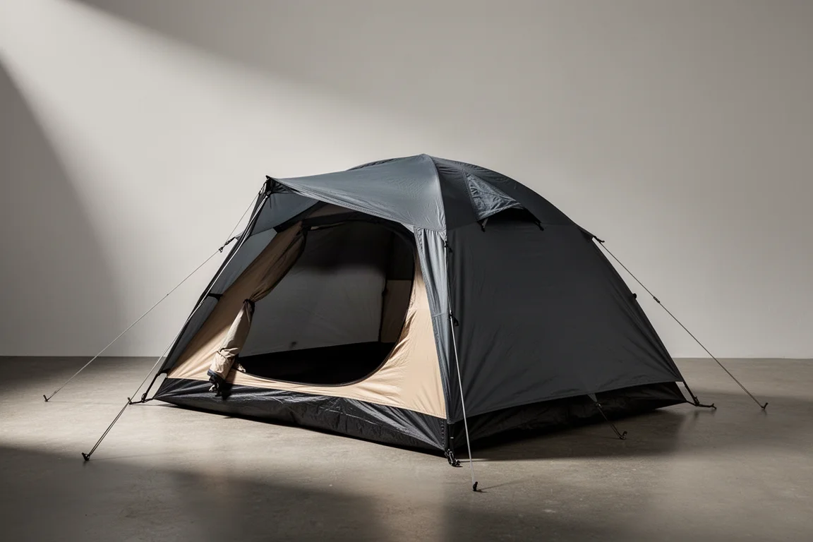 Dark two-person four-season tent with fly deployed on a neutral concrete surface