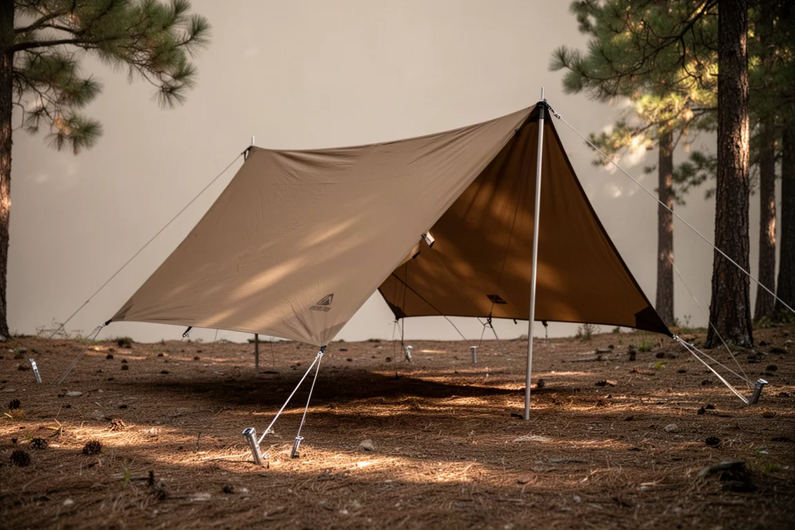 Coyote bruine kampeertarp opgezet als A-frame schuilplaats op een bosopen plek