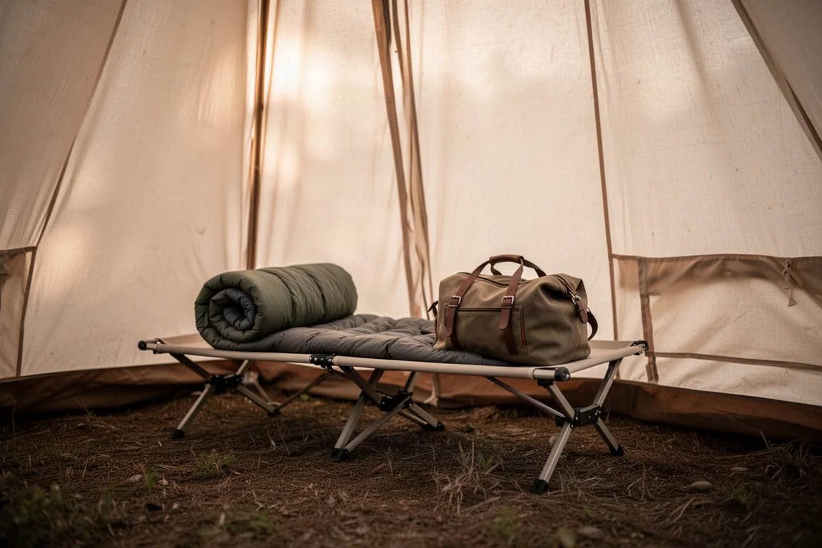 Low camp cot with a sleeping bag inside a tent at first light