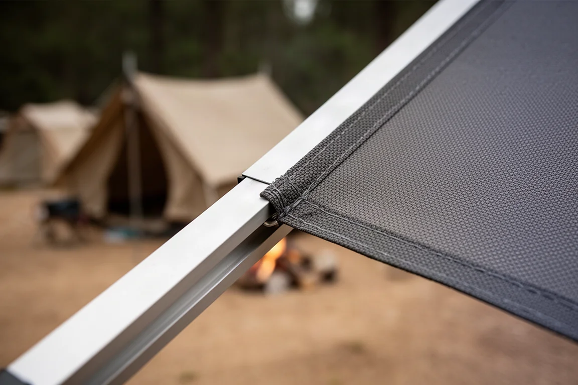 Close-up of taut oxford fabric stretched over an aluminium cot frame rail