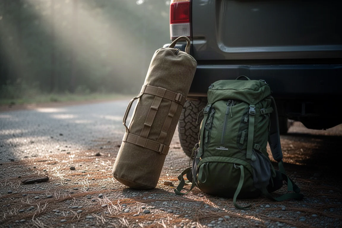 Packed camping cot carry bag leaning against a vehicle at a trailhead