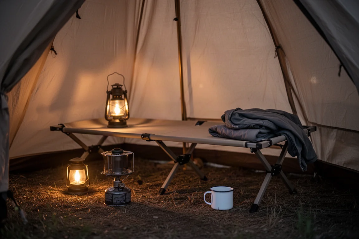 Raised camp cot used as a bench seat inside a tent at dusk
