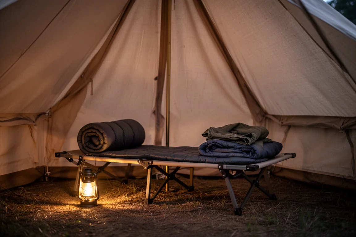 Lit de camp installé avec un sac de couchage dans une tente en toile au crépuscule
