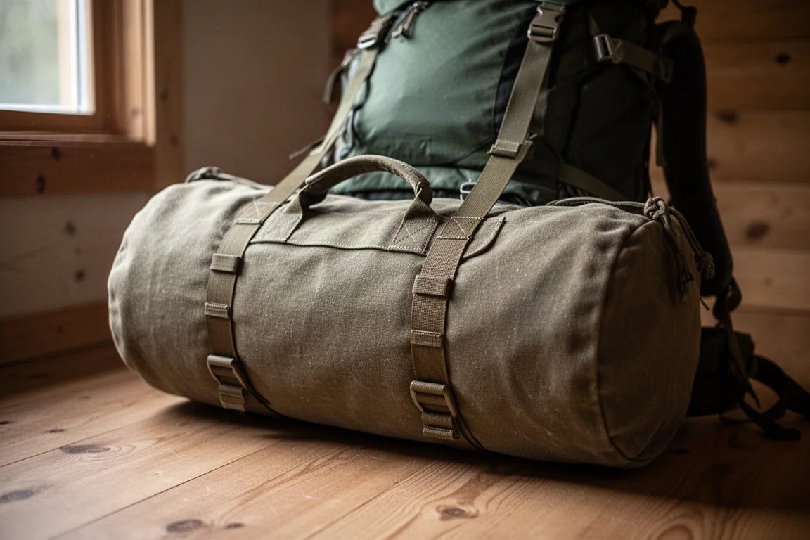Long sac de rangement en toile avec boucles en sangle fixé à un sac à dos de randonnée