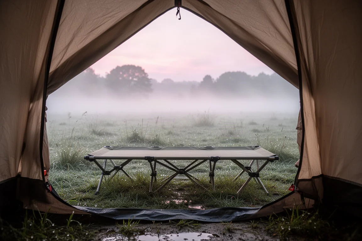 Lit de camp installé dans une tente ouverte sur un camping brumeux au petit matin